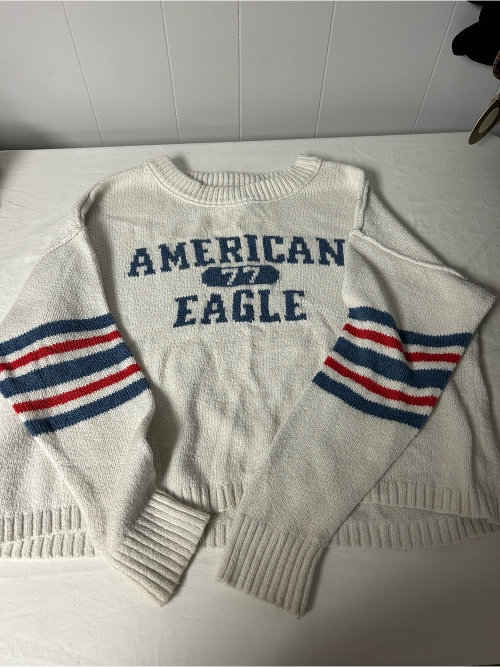 American Eagle Outfitters Cream Crewneck Sweater with Blue & Red Stripes